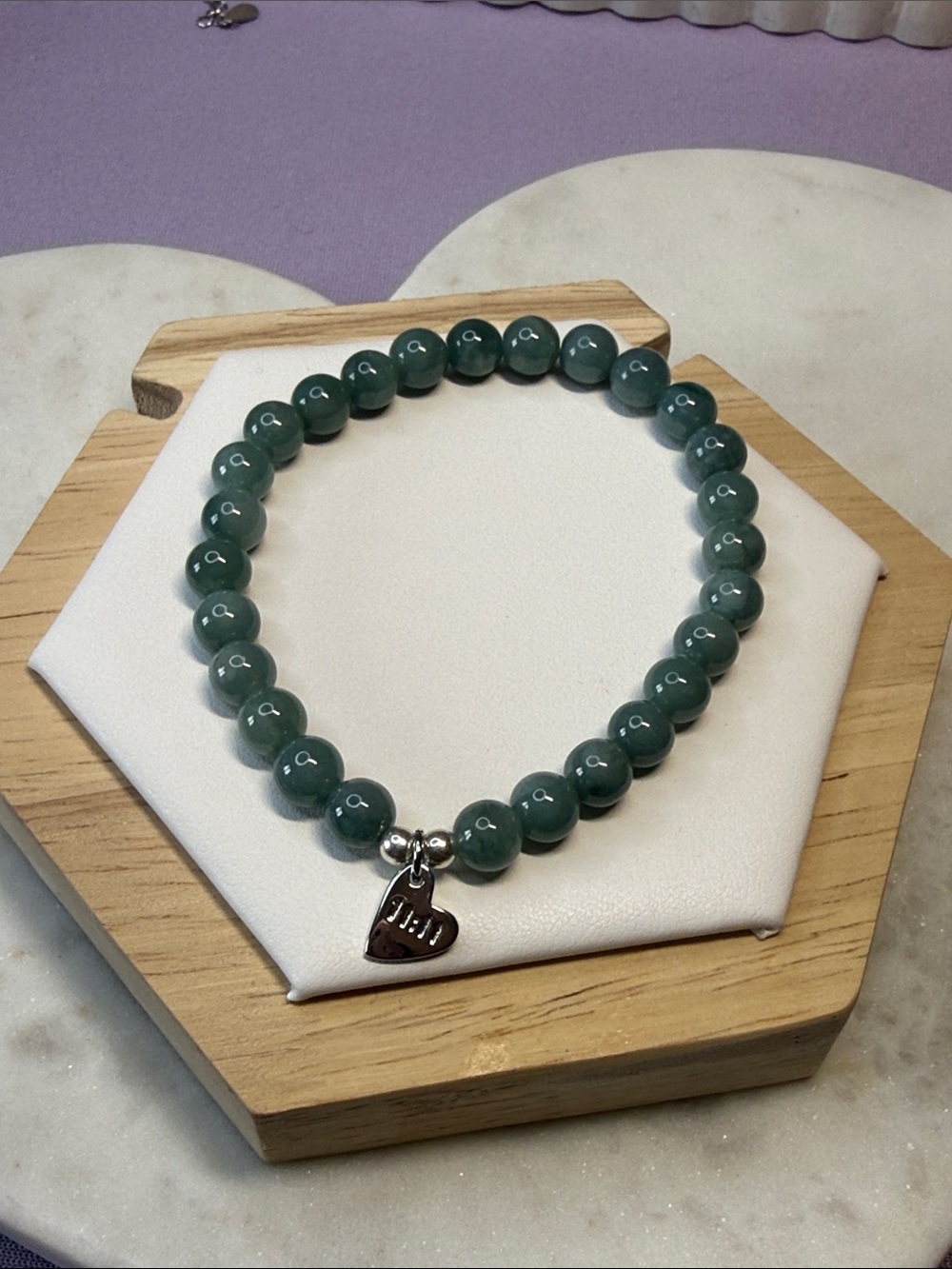 11:11 Jade Beaded Stretch Bracelet with mini Heart Charm